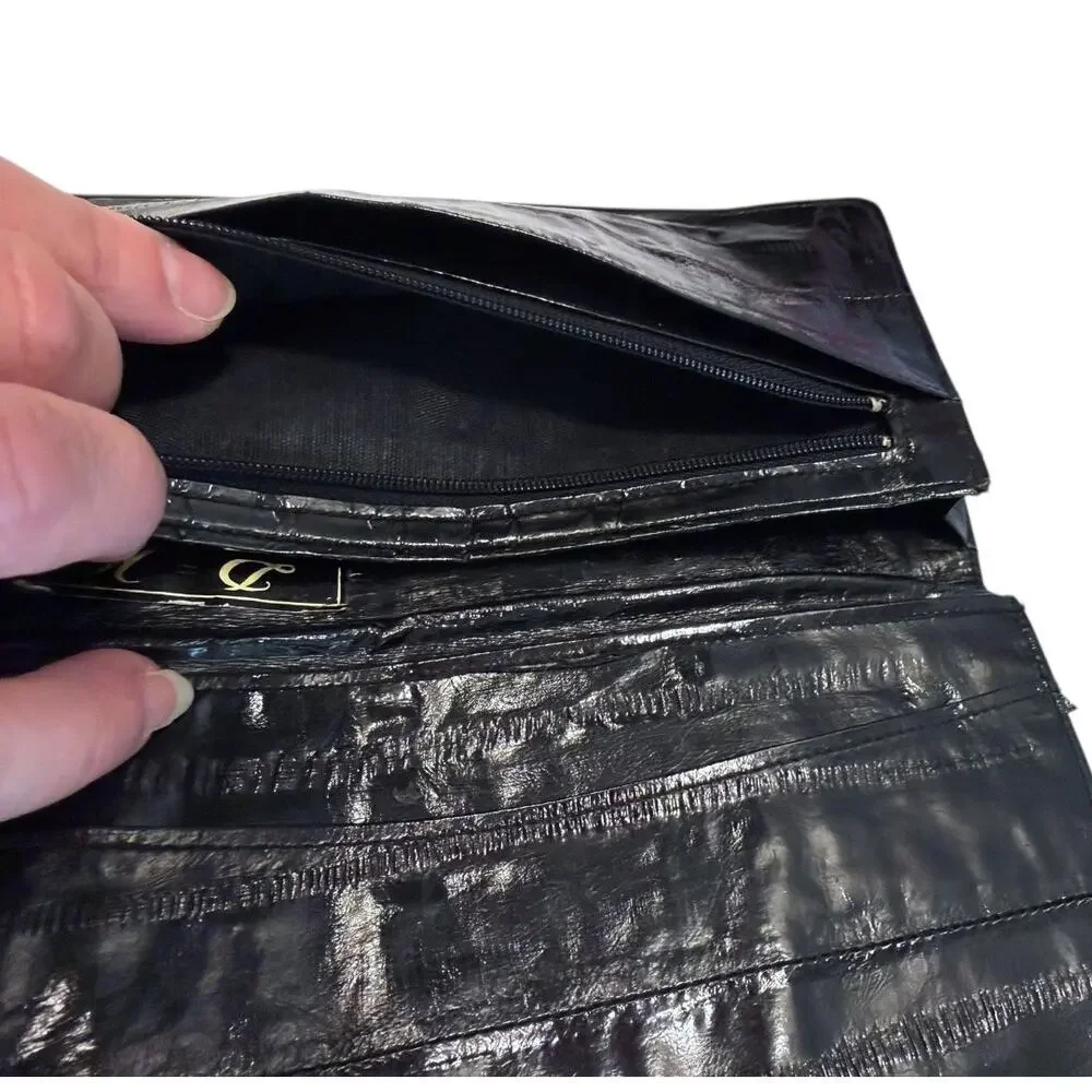 Vintage DH Salon Black Eel Skin Leather Clutch Wallet Luxury Exotic Slim 90s